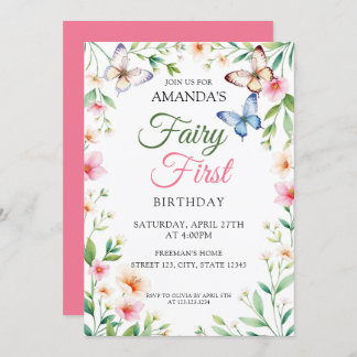 Fairy White & Pink Butterfly Floral 1. Geburtstag Einladung