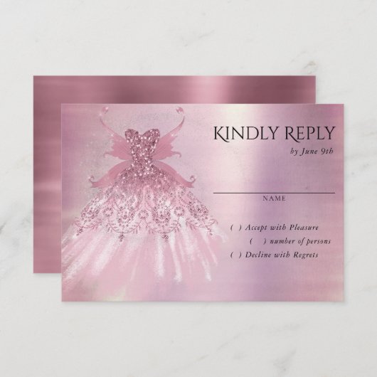 Fairy Wing Mauve Gown | Luxuriöse Dusty Pink Sheen RSVP Karte (Vorne/Hinten)