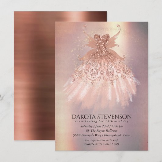 Fairy Wing Rose Gold Gown | Terracotta Coral Sheen Einladung (Vorne/Hinten)