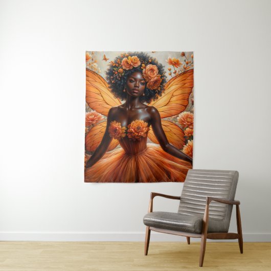 Fairy With Dark Skin In Orange Floral Wandteppich (Beispiel)