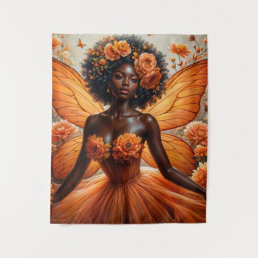Fairy With Dark Skin In Orange Floral Wandteppich (Vorderseite)