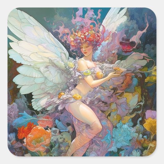 Fairy Woman In Blume Fantasy Art Quadratischer Aufkleber (Vorderseite)