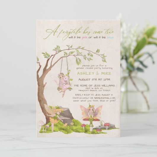 Fairy Woodland Baby Gender Reveal Dusche Einladung (Stehend Vorderseite)