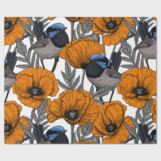 Fairy wrens and orange poppy flowers 2 geschenkpapier (Flach)