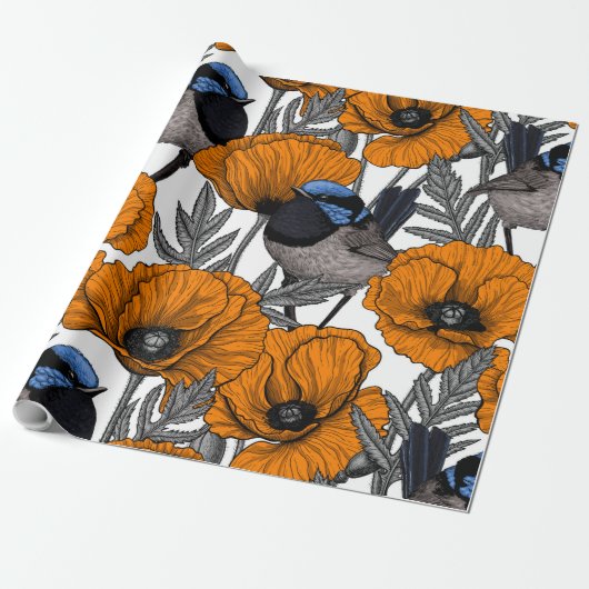 Fairy wrens and orange poppy flowers 2 geschenkpapier (Ungerollt)
