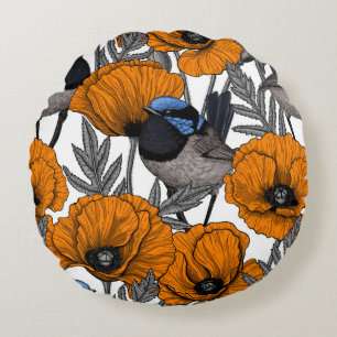 Fairy wrens and orange poppy flowers 2 rundes kissen