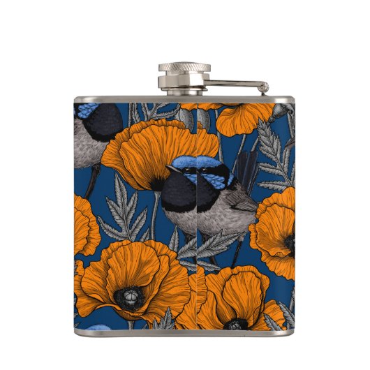 Fairy wrens and orange poppy flowers flachmann (Rückseite)