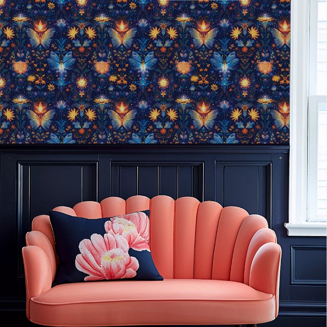 Fairycore Ethereal Butterfly Floral Tapete (Fairycore Ethereal Butterfly Floral Wallpaper above a coral scalloped sofa.)