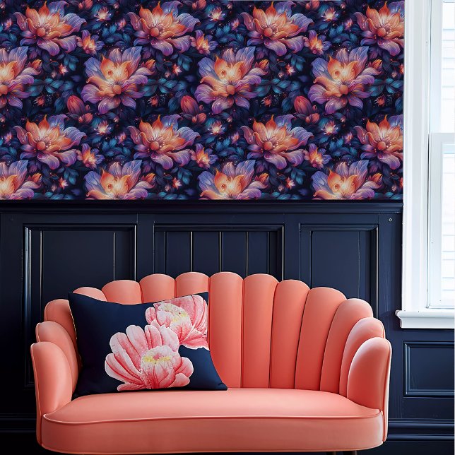 Fairycore Ethereal glühende Blume Tapete (Fairycore Ethereal Glowing Flowers Wallpaper above a coral scalloped sofa.)