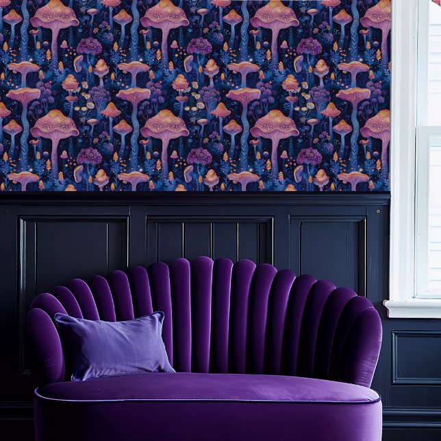 Fairycore Lila und Blue Whimsical Fungus Tapete (Fairycore Purple and Blue Whimsical Fungus Wallpaper above a purple scalloped sofa.)