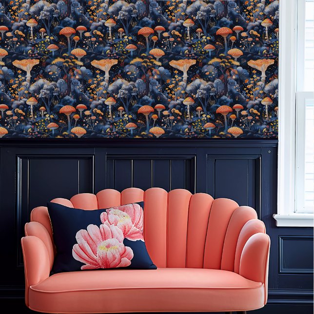 Fairycore Orange Pilze in einem blauen Wald Tapete (Fairycore Orange Mushrooms in a Blue Forest Wallpaper above a coral scalloped sofa.)