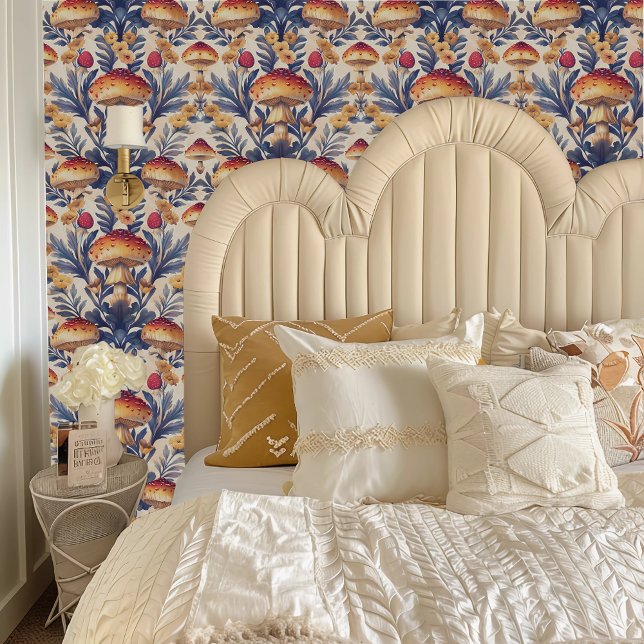 Fairycore Orange- und Cremtücher Tapete (Fairycore Orange and Cream Toadstools Wallpaper behind a cream colored headboard.)