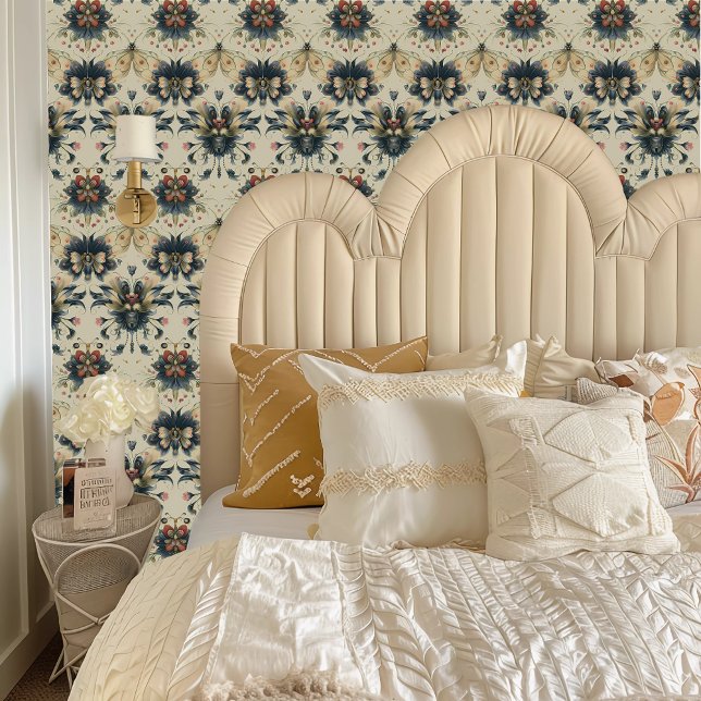 Fairycore Whimsical Blume Bugs Tapete (Fairycore Whimsical Flower Bugs Wallpaper behind a cream colored headboard.)