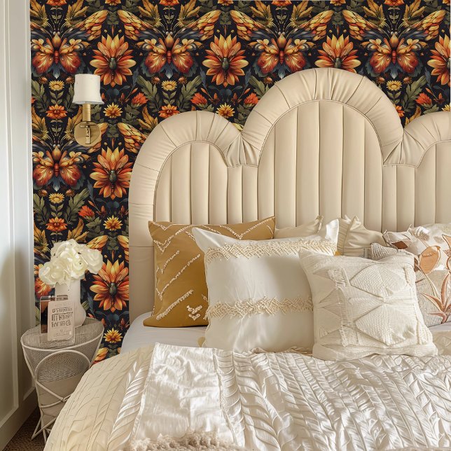 Fairycore Whimsical Orange Butterfly Blume Tapete (Fairycore Whimsical Orange Butterfly Flowers Wallpaper behind a cream colored headboard.)