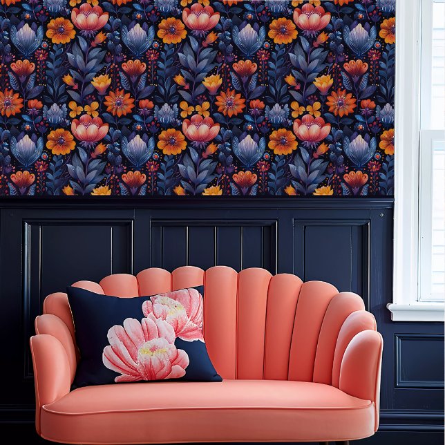 Fairycore Whimsical Orange, Red and Blue Floral Tapete (Fairycore Whimsical Orange, Red, and Blue Floral Wallpaper above a coral scalloped sofa.)
