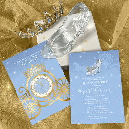 Fairytale Baby Blue Gold Cinderella Quinceanera Einladung