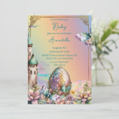 Fairytale Baby Dragon Ei auf Regenbogen Einladung (Stehend Vorderseite)