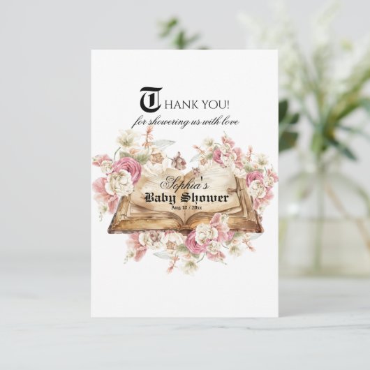 Fairytale Book Pink Rose Baby Shower Dankeskarte (Stehend Vorderseite)