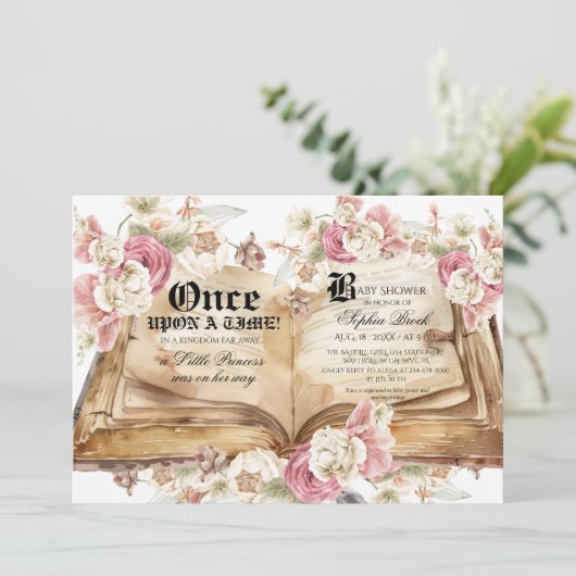 Fairytale Book Pink Rose Floral Baby Shower Einladung (Stehend Vorderseite)
