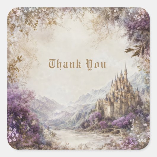 Fairytale Castle Purple Floral Misty Mountain Quadratischer Aufkleber (Vorderseite)