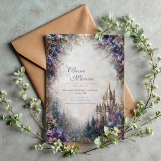 Fairytale Castle Purple Floral Misty Wedding Einladung
