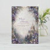 Fairytale Castle Purple Floral Misty Wedding Einladung (Stehend Vorderseite)