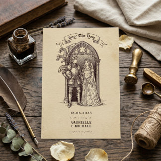 Fairytale Couple Gothic Arch Medieval Wedding Save The Date