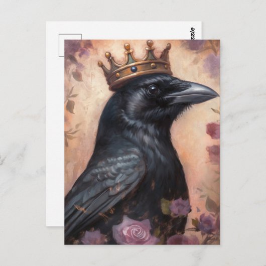 Fairytale Crow in rosa Kronen Postkarte (Vorne/Hinten)