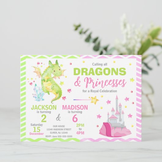 Fairytale Dragon Princess Joint Birthday Einladung (Stehend Vorderseite)