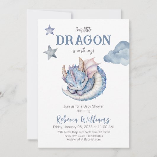 Fairytale Dreamy Blue Boy Dragon Baby Dusche Einladung (Vorderseite)