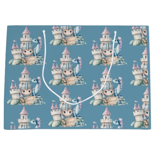 Fairytale Dreamy Dragon Blue Knight Baby Dusche Große Geschenktüte (Vorderseite)