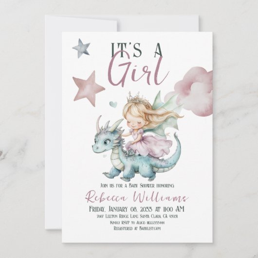 Fairytale Dreamy Dragon Pink Princess Baby Dusche Einladung (Vorderseite)