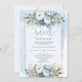 Fairytale Dusty Blue White Gold Blume Sweet 16 Einladung (Vorderseite)
