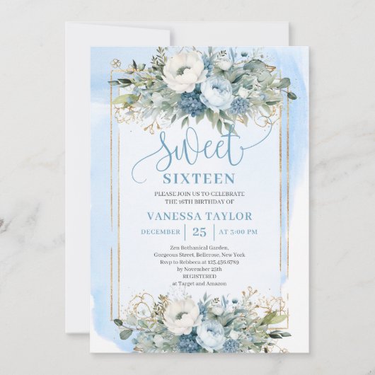 Fairytale Dusty Blue White Gold Blume Sweet 16 Einladung (Vorderseite)