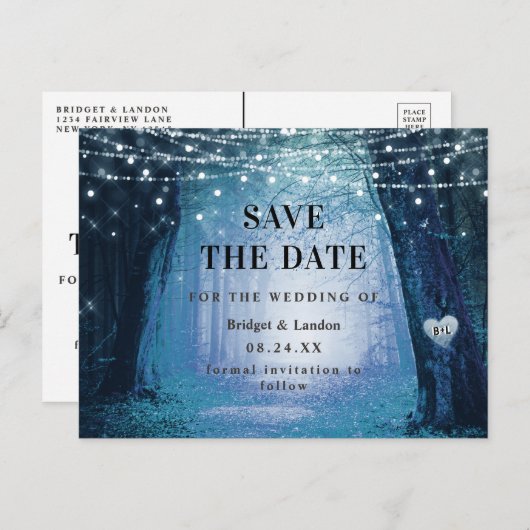 Fairytale Enchanted Forest Blue Save The Date Ankündigungspostkarte (Vorne/Hinten)