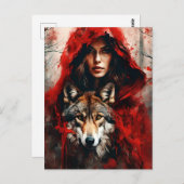 Fairytale Frau und ein Wolf Postkarte (Vorne/Hinten)