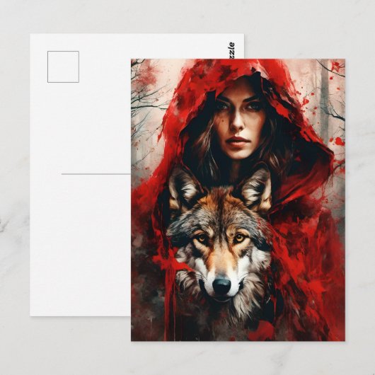 Fairytale Frau und ein Wolf Postkarte (Vorne/Hinten)