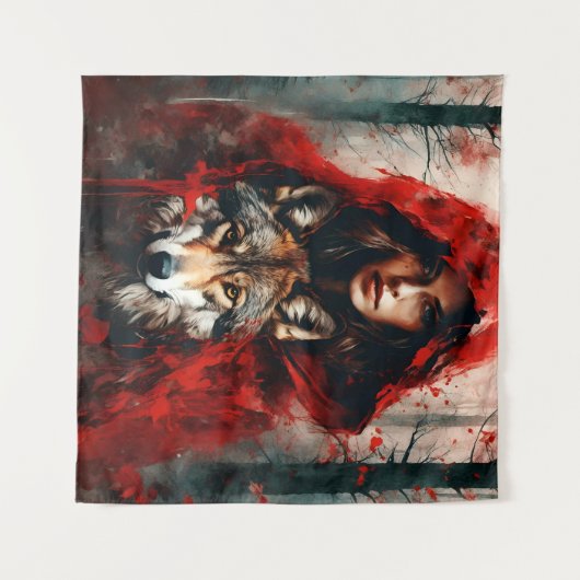 Fairytale Frau und ein Wolf Wandteppich (Vorderseite (Horizontal))