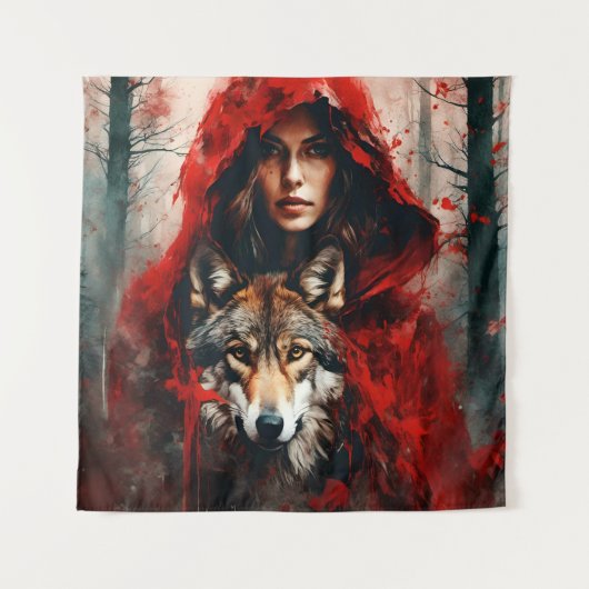 Fairytale Frau und ein Wolf Wandteppich (Vorderseite)