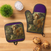 Fairytale Horses & Angel Oven Mitt and Pot Holders Ofenhandschuh & Topflappen-Set (Oben Unten)