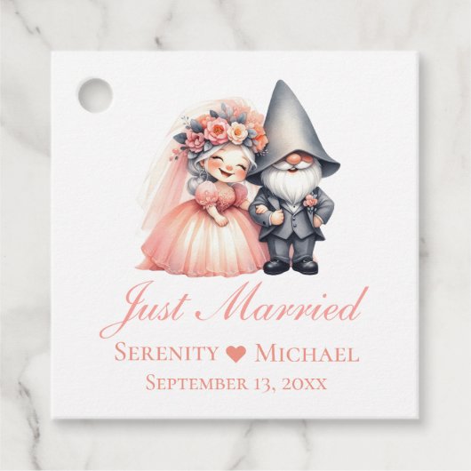 Fairytale Just Married Garden Gnome Rustikale Hoch Geschenkanhänger (Vorderseite)