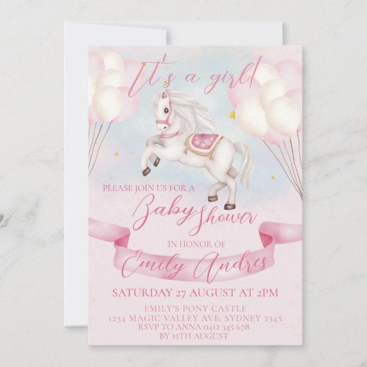 Fairytale Pony Stars Pink Balloons Babydusche Einladung (Vorderseite)