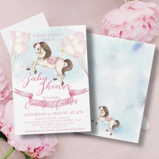 Fairytale Pony Stars Pink Balloons Babydusche Einladung