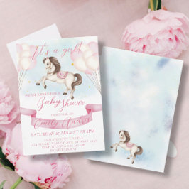 Fairytale Pony Stars Pink Balloons Babydusche Einladung