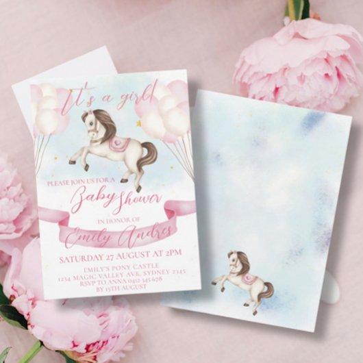 Fairytale Pony Stars Pink Balloons Babydusche Einladung