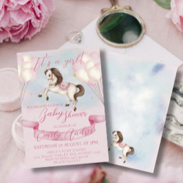 Fairytale Pony Stars Pink Balloons Babydusche Einladung