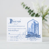 Fairytale Royal Blue Castle RSVP Karte (Stehend Vorderseite)
