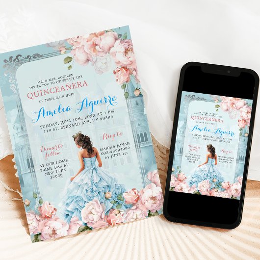 Fairytale Royal Castle Pink Blue Quinceañera Einladung