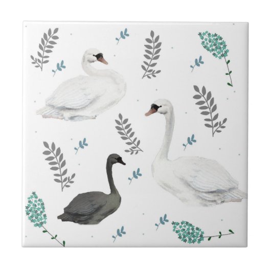 Fairytale Swan Illustration Folk Botanical Fliese (Vorderseite)