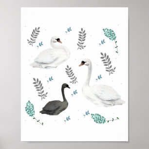 Fairytale Swan Illustration Folk Botanical Poster